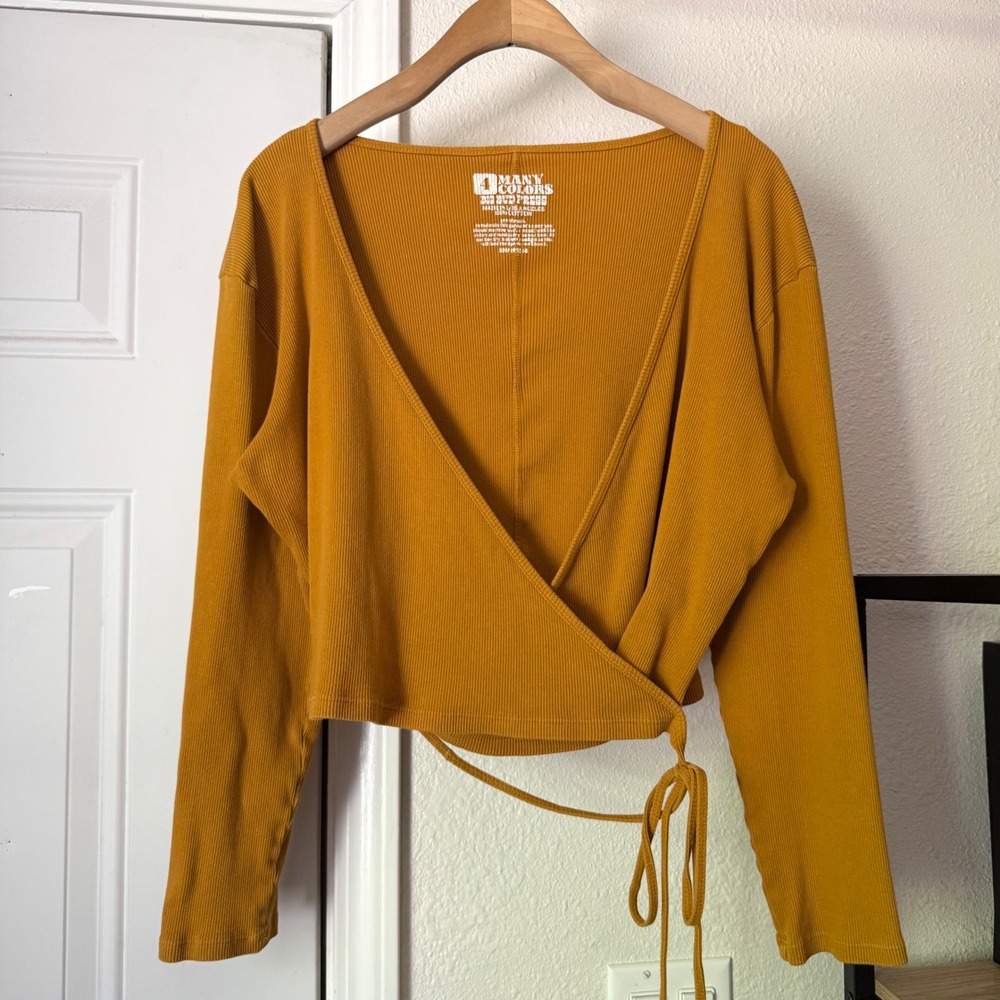 BIG BUD PRESS mustard yellow cotton rib ribbed cropped long sleeve wrap top tee
